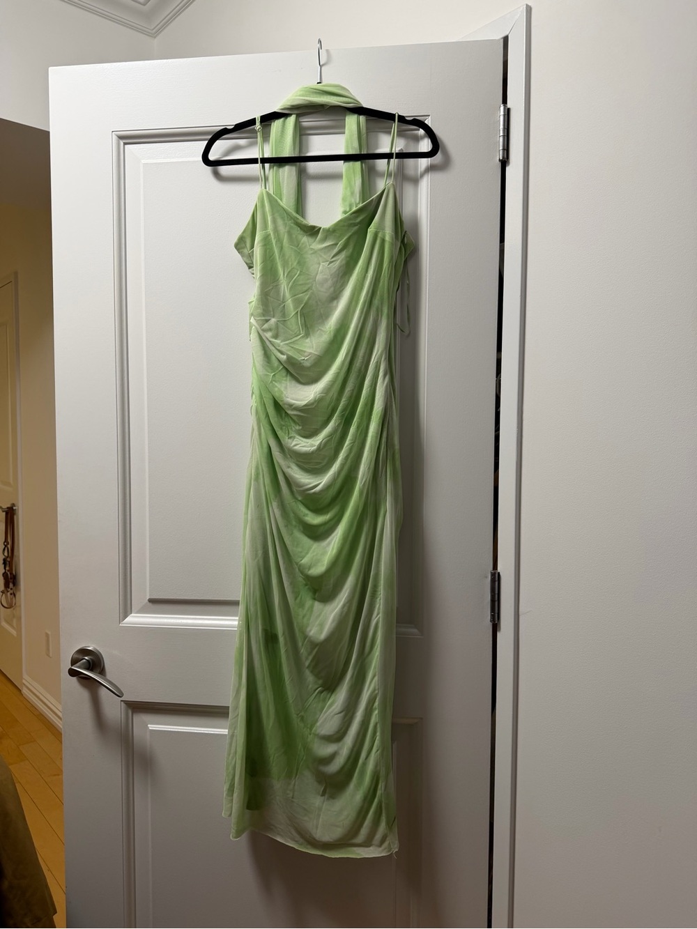 Zara Light Green Draped Halter Maxi Dress with Scarf Tie